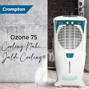 Crompton Ozone Desert Air Cooler- 75L; with Everlast Pump, Auto Fill, 4-Way Air Deflection and High Density Honeycomb Pads; White & Teal