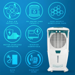 Crompton Ozone Desert Air Cooler- 75L; with Everlast Pump, Auto Fill, 4-Way Air Deflection and High Density Honeycomb Pads; White & Teal